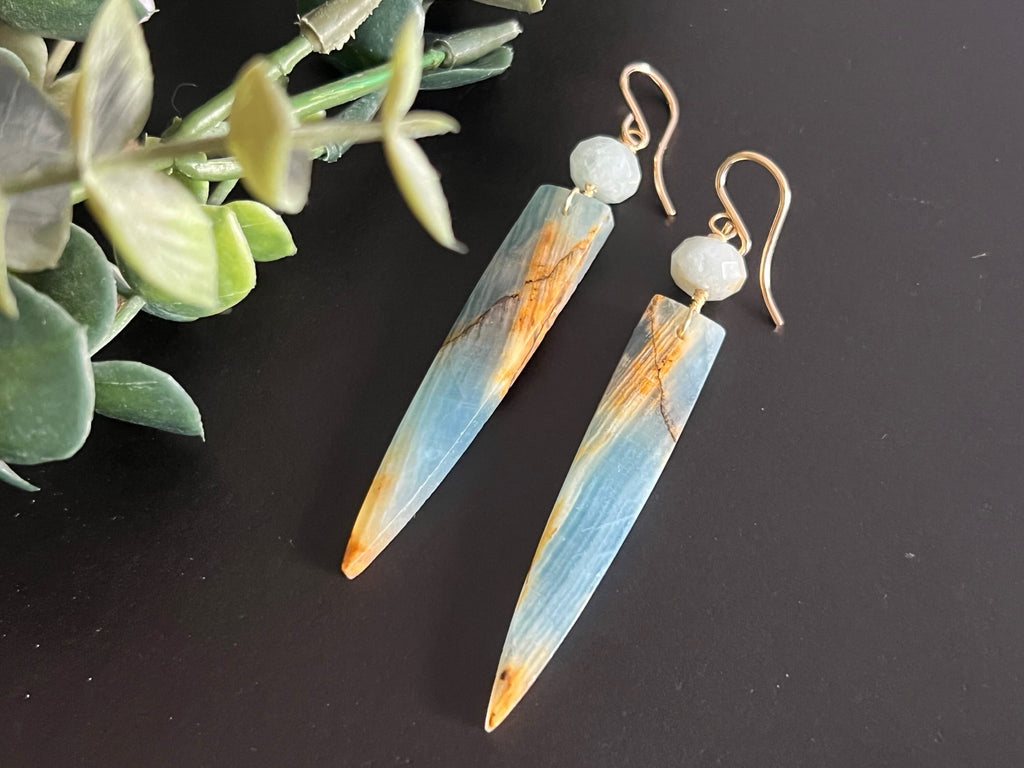 Blue calcite earrings, natural stone jewelry, gifts for women ,dagger earrings, aquamarine earrings,14k gold filled ear hooks