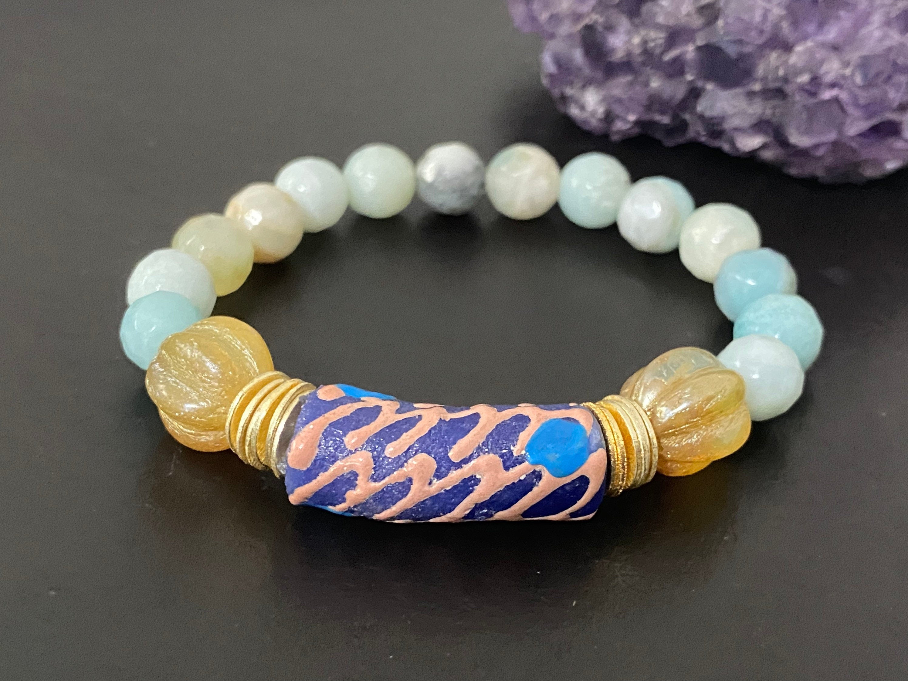 Statement bracelet, boho bracelet, Amazonite bracelet , beaded bracelet, african glass focal
