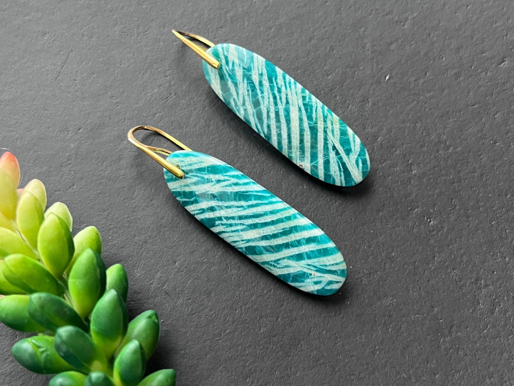 Amazonite earrings, natural stone earrings, sterling silver French ear hooks, modern dangles, Russian amazonite earrings