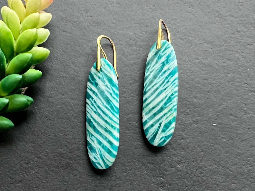 Amazonite earrings, natural stone earrings, sterling silver French ear hooks, modern dangles, Russian amazonite earrings
