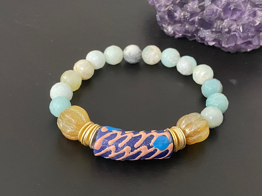 Statement bracelet, boho bracelet, Amazonite bracelet , beaded bracelet, african glass focal