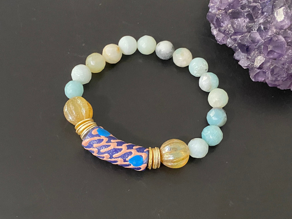 Statement bracelet, boho bracelet, Amazonite bracelet , beaded bracelet, african glass focal