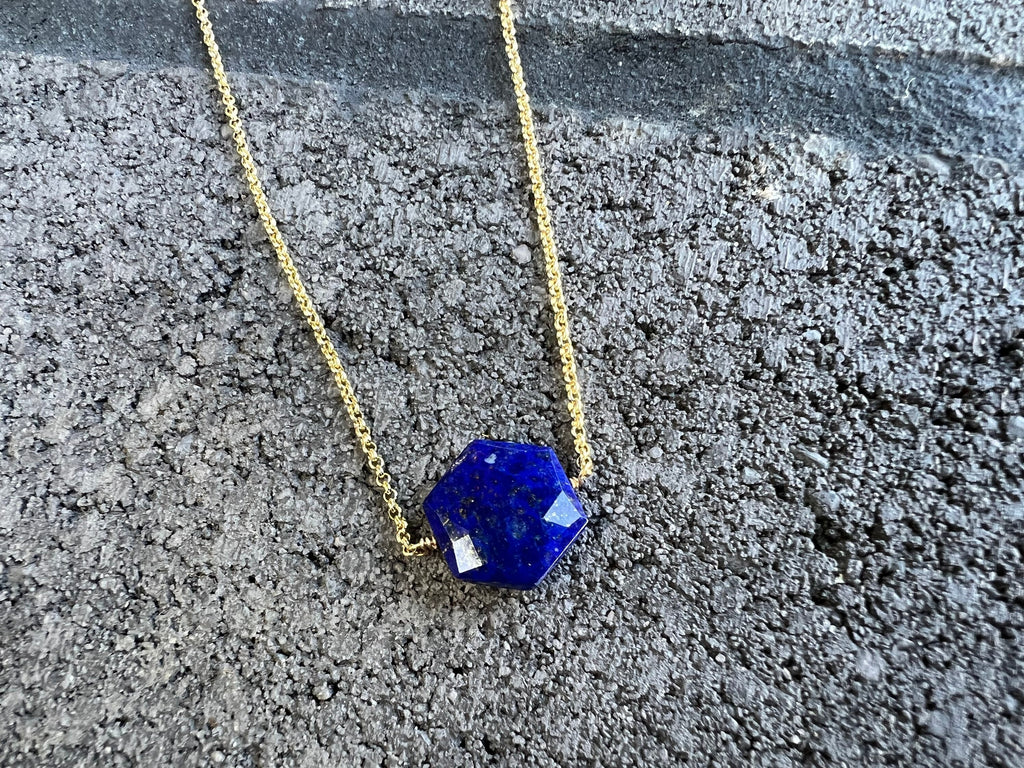 Lapis Lazuli Pendant Necklace, Gold hexagon Necklace, Lapis Lazuli Jewelry, Crystal Jewelry, Gift For Women, Necklaces for Women