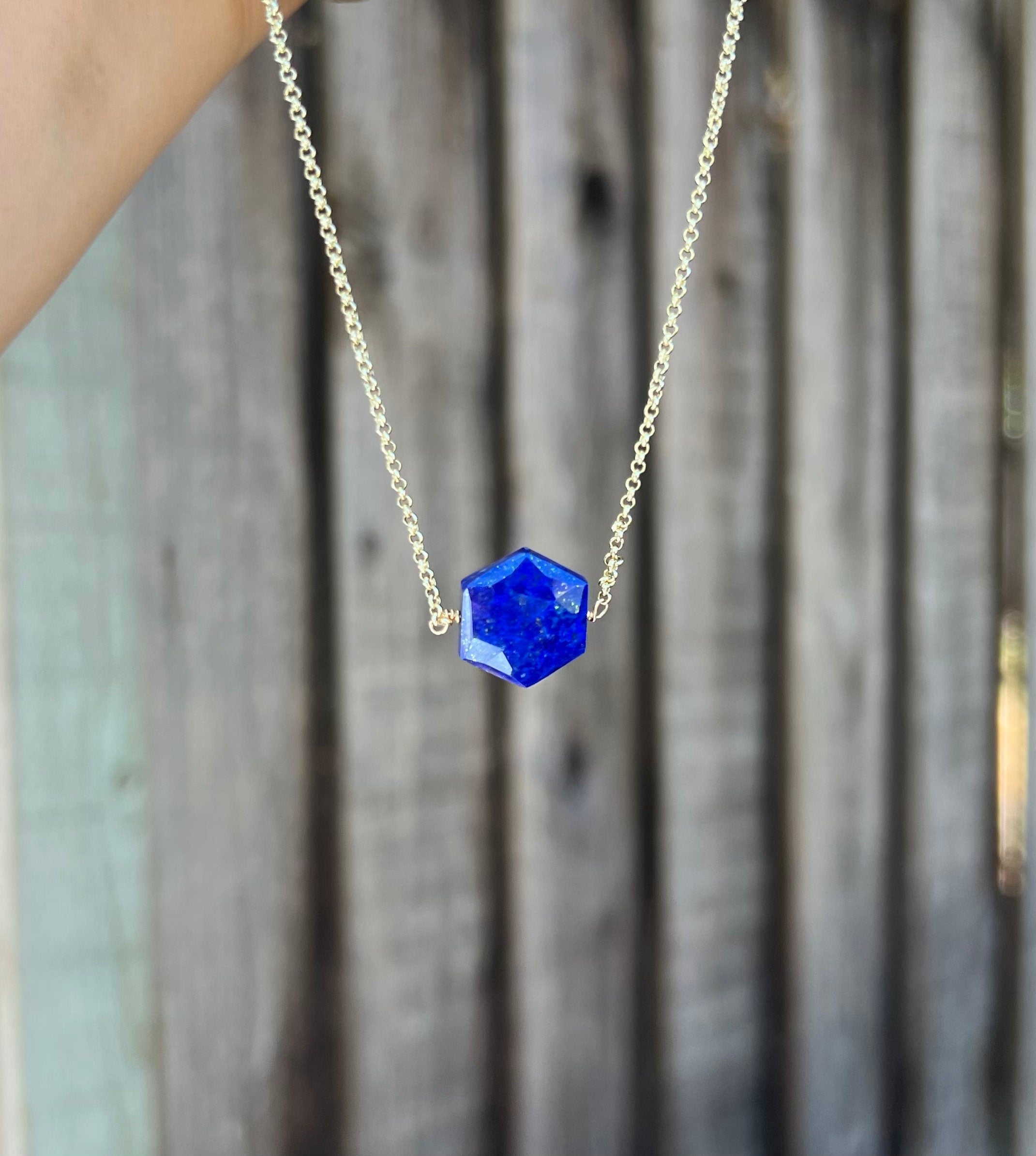 Lapis Lazuli Pendant Necklace, Gold hexagon Necklace, Lapis Lazuli Jewelry, Crystal Jewelry, Gift For Women, Necklaces for Women