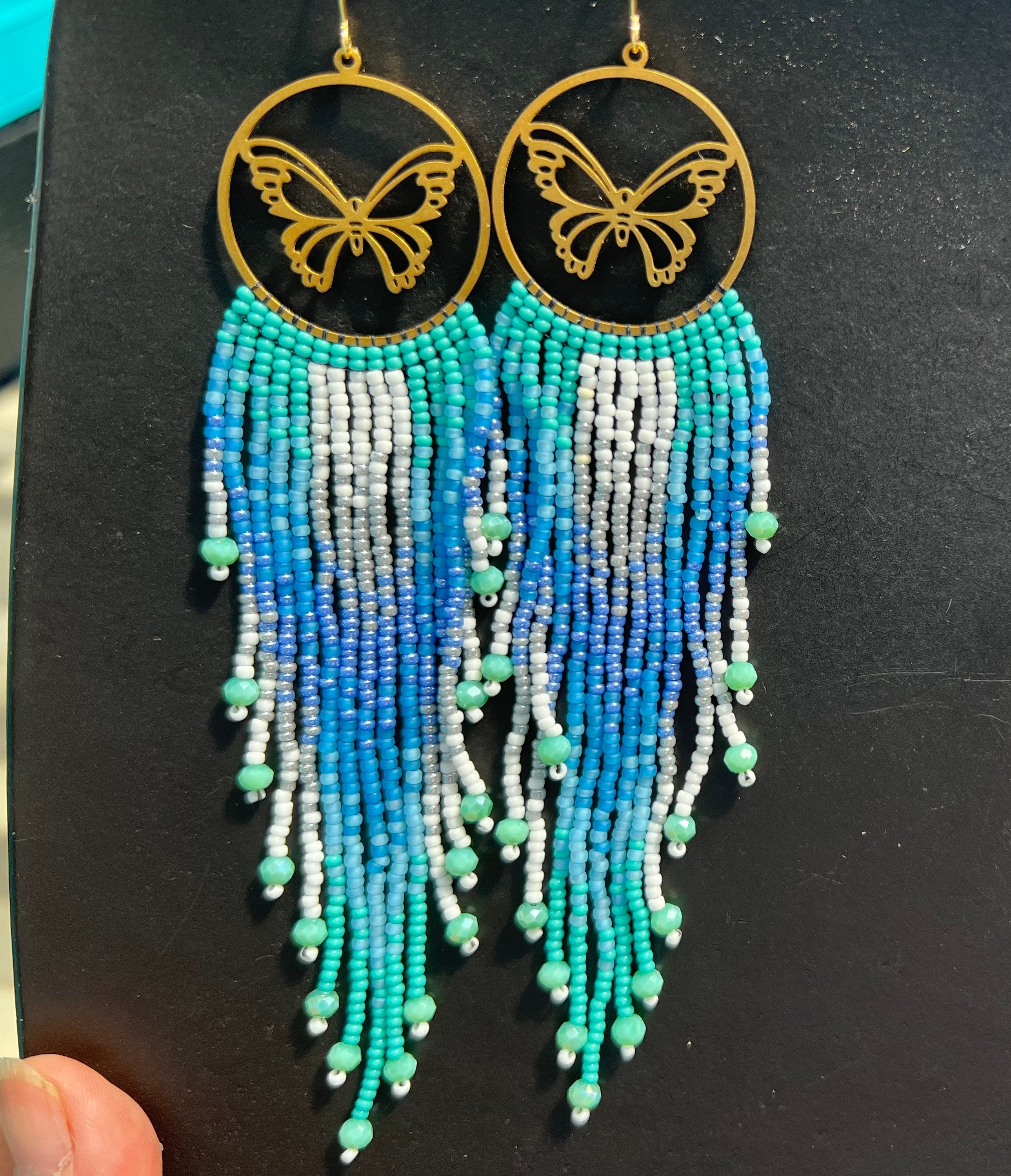 Statement earrings, long beaded earrings, boho earrings, seed bead earrings, fringe earrings, ombré earrings, sea lover earrings