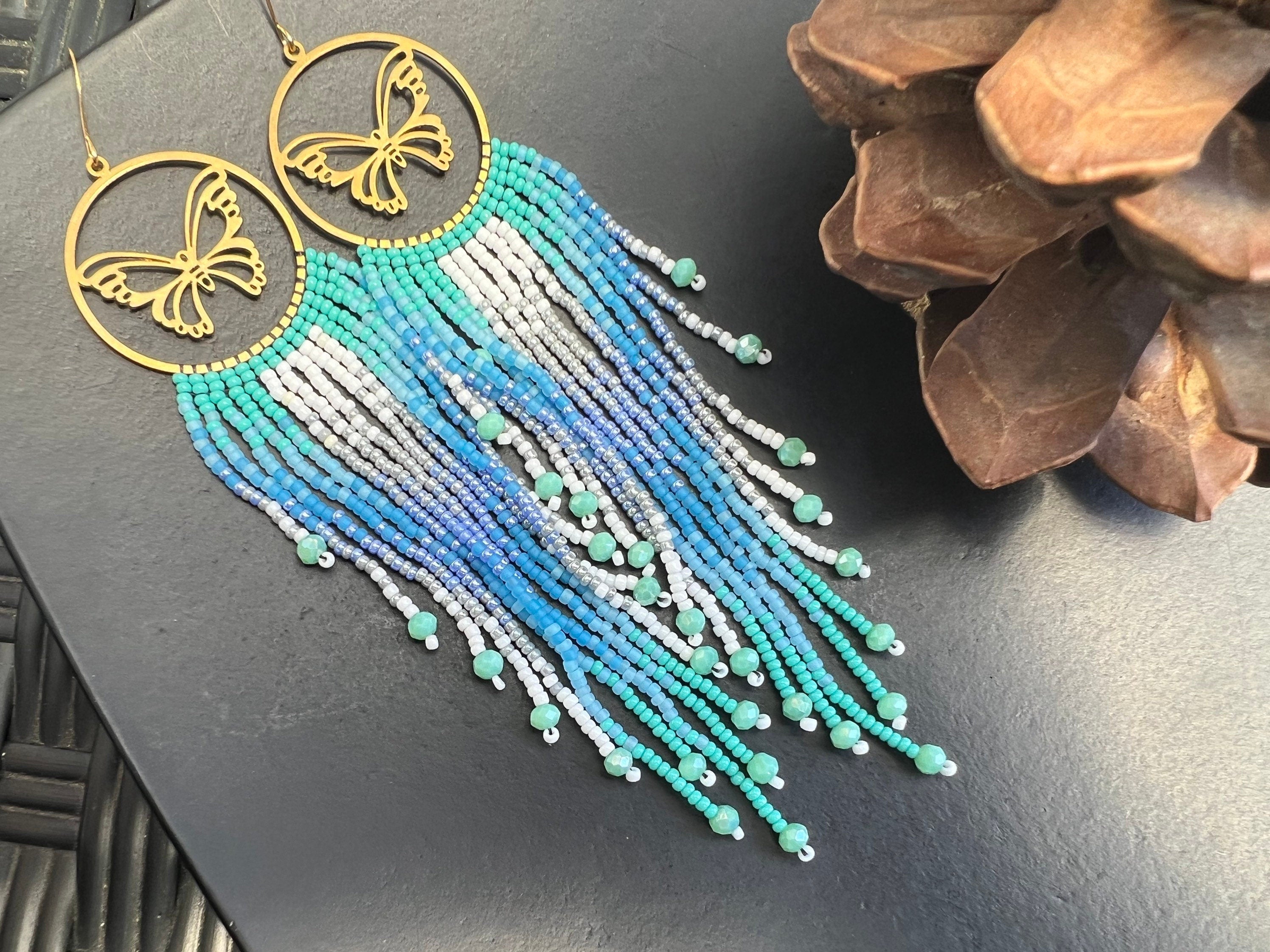 Statement earrings, long beaded earrings, boho earrings, seed bead earrings, fringe earrings, ombré earrings, sea lover earrings