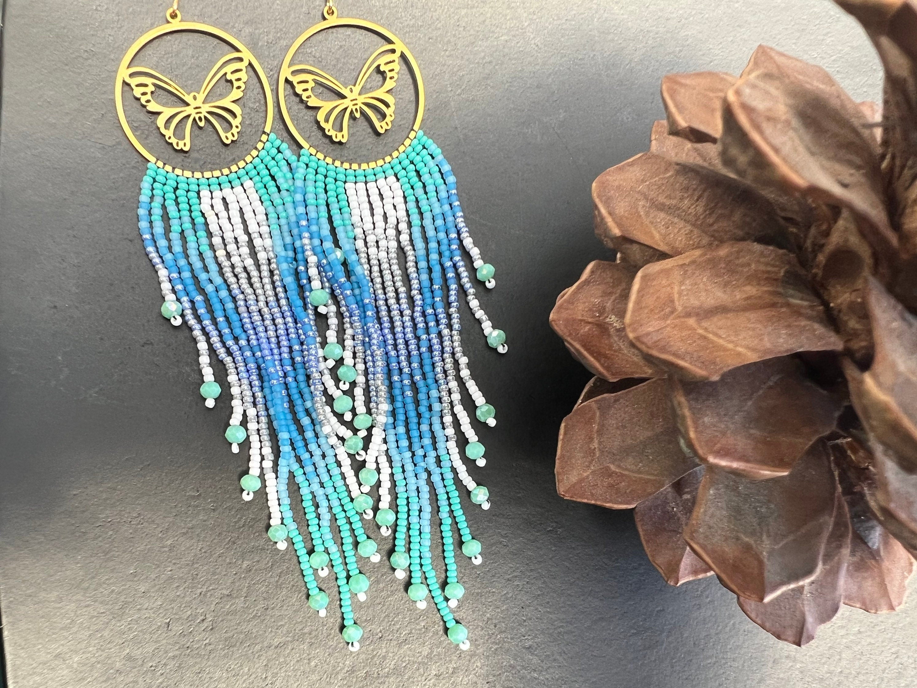 Statement earrings, long beaded earrings, boho earrings, seed bead earrings, fringe earrings, ombré earrings, sea lover earrings