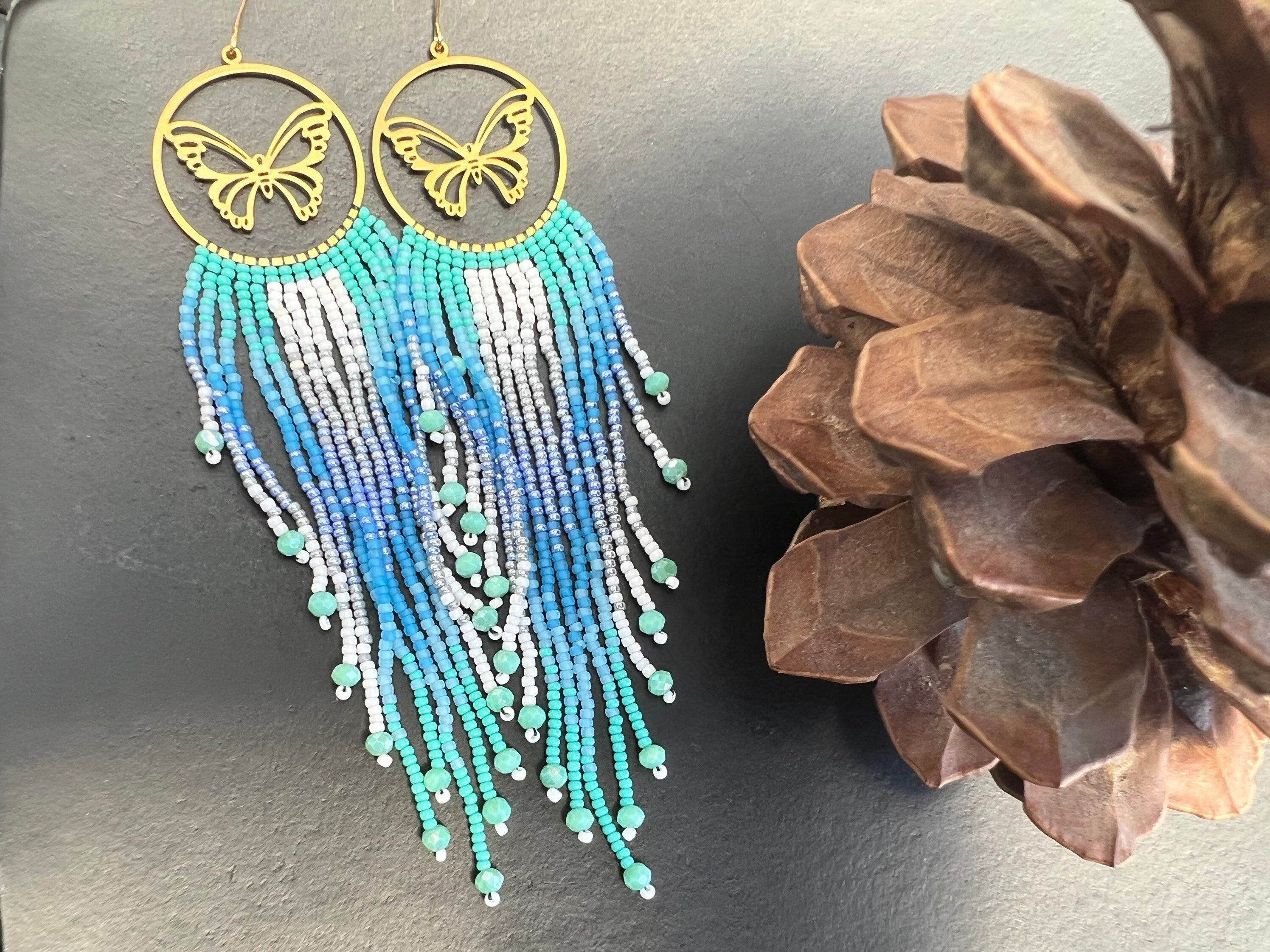 Statement earrings, long beaded earrings, boho earrings, seed bead earrings, fringe earrings, ombré earrings, sea lover earrings