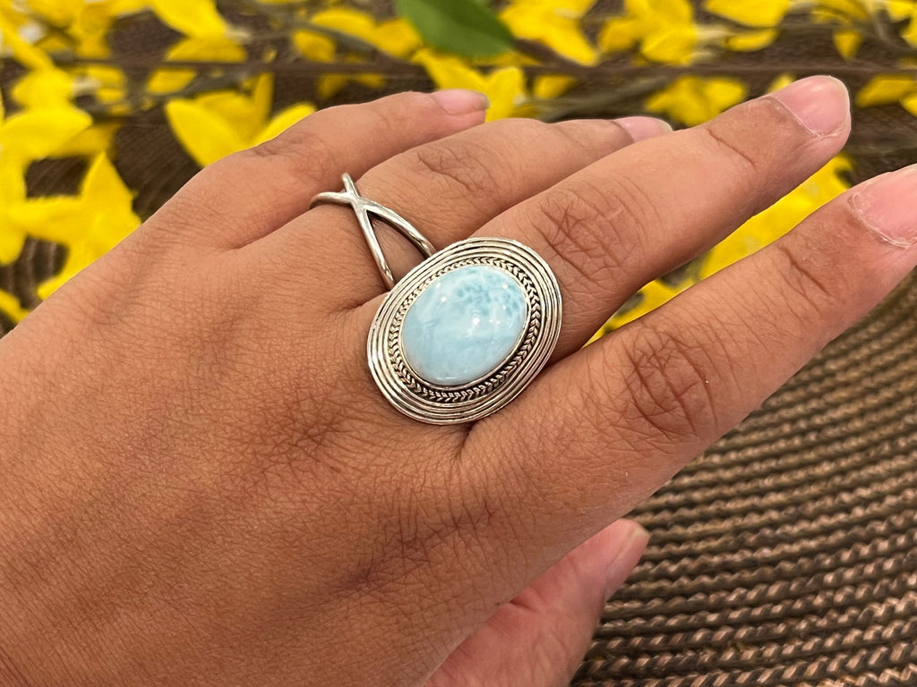 High Quality Genuine AAA Dominican Larimar ring, 925 sterling silver, gemstone ring, stack ring, Bar ring, cocktail ring, size 6.5