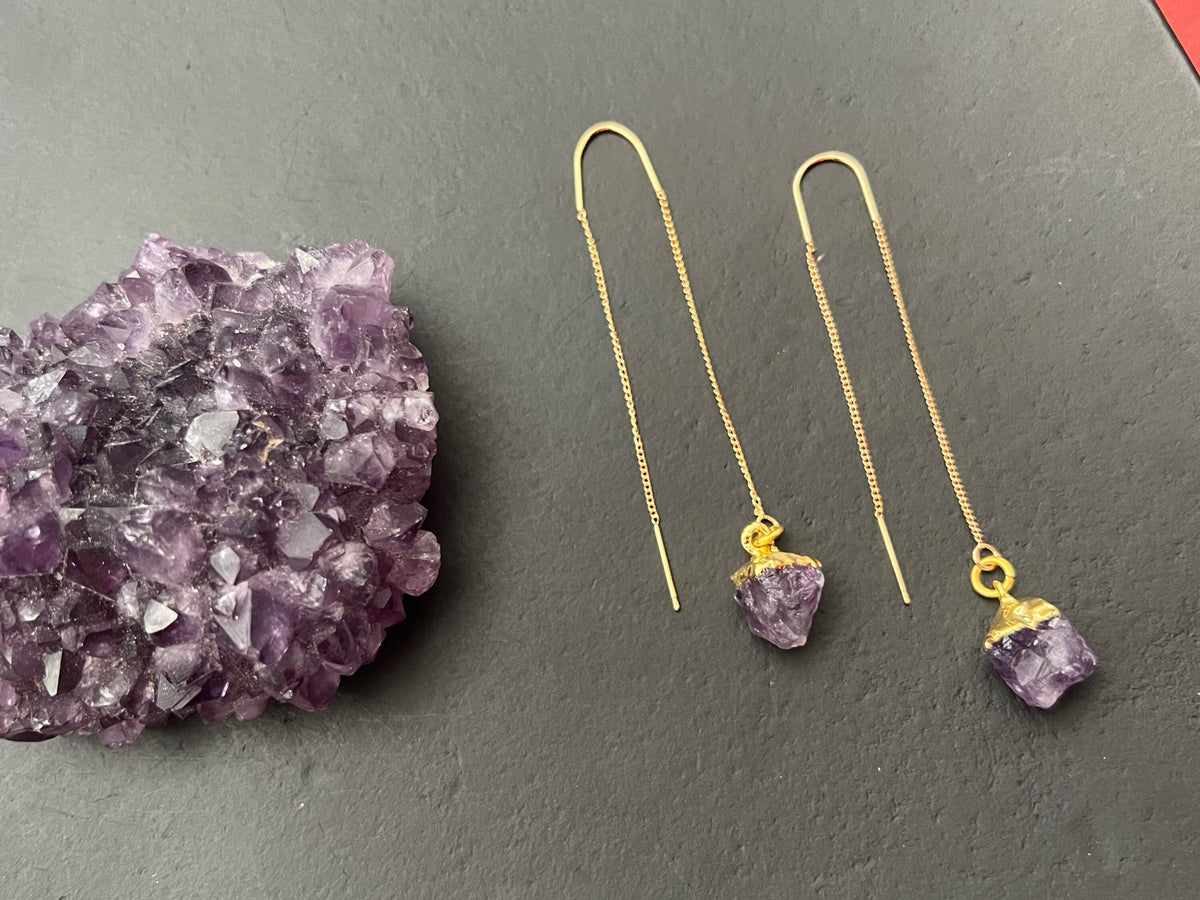 Amethyst Ear Threaders Earrings | 925 Sterling Silver raw nugget Earrings