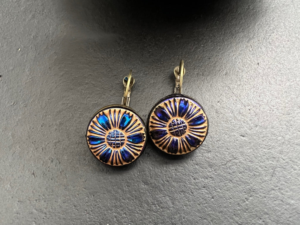 Czech Glass Button Earrings, Boho Dangle Earrings, Vintage Jewelry, Czech Glass Earrings, Bohemian Hippie Earrings, peacock studs
