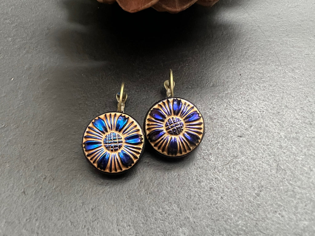 Czech Glass Button Earrings, Boho Dangle Earrings, Vintage Jewelry, Czech Glass Earrings, Bohemian Hippie Earrings, peacock studs