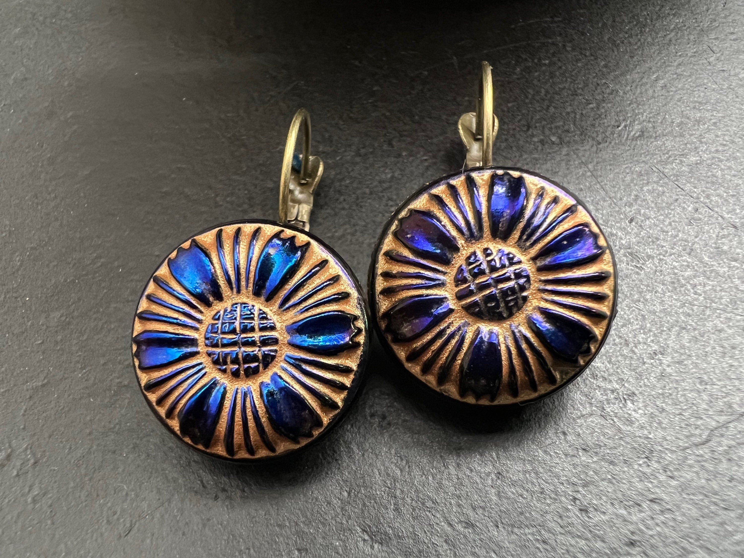 Czech Glass Button Earrings, Boho Dangle Earrings, Vintage Jewelry, Czech Glass Earrings, Bohemian Hippie Earrings, peacock studs