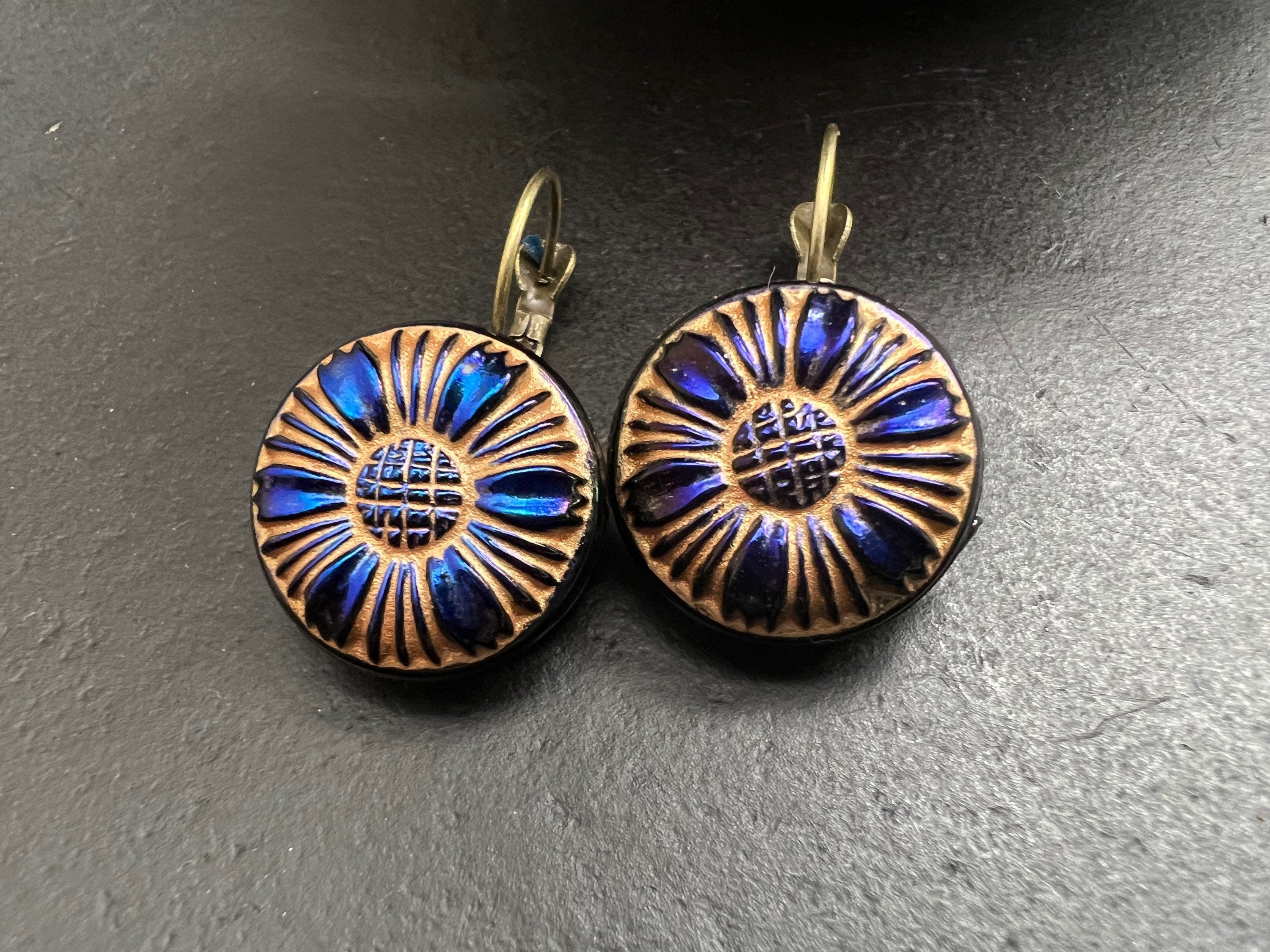 Czech Glass Button Earrings, Boho Dangle Earrings, Vintage Jewelry, Czech Glass Earrings, Bohemian Hippie Earrings, peacock studs