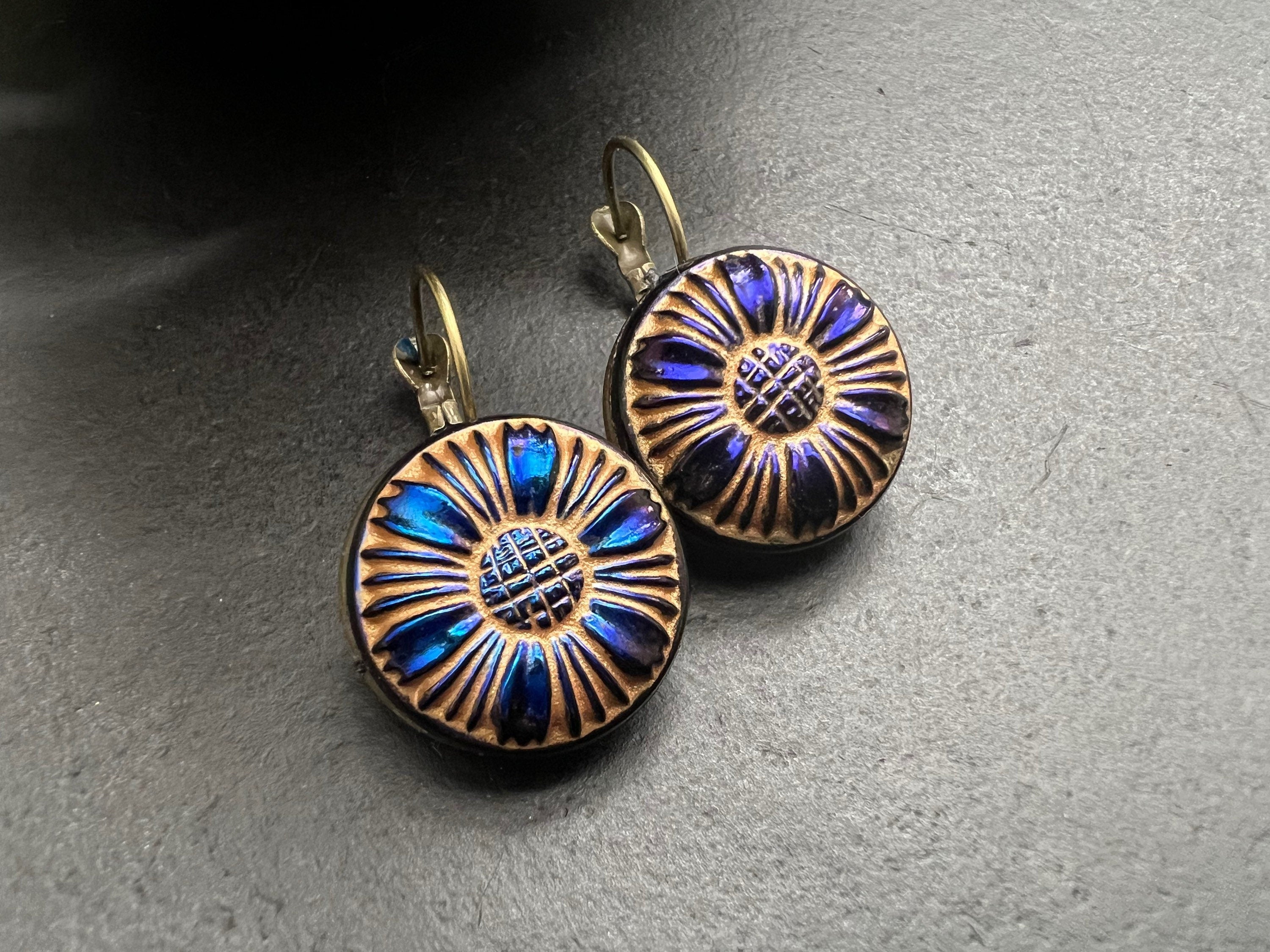 Czech Glass Button Earrings, Boho Dangle Earrings, Vintage Jewelry, Czech Glass Earrings, Bohemian Hippie Earrings, peacock studs
