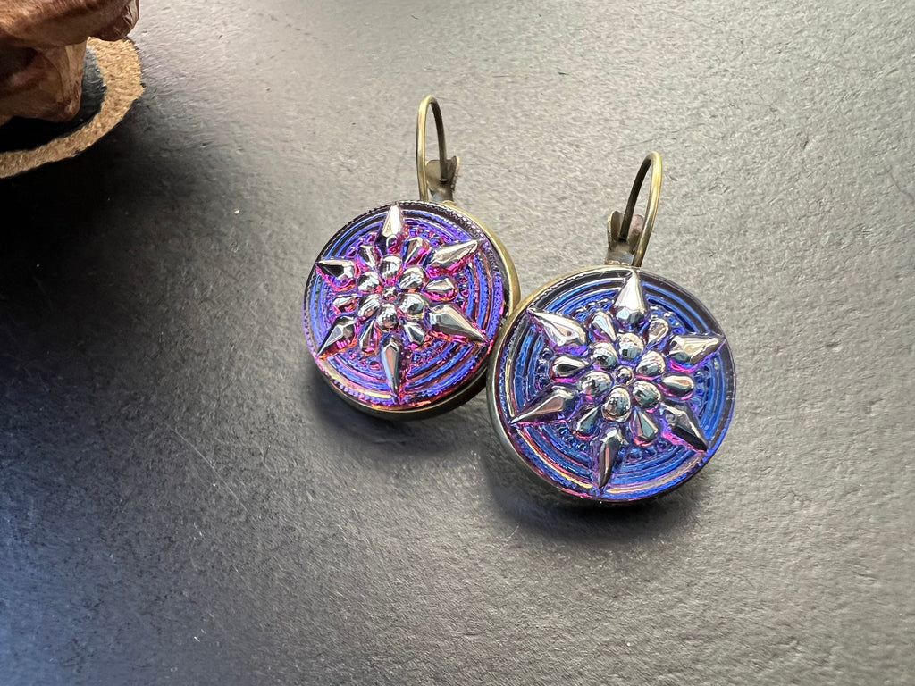 Starburst earrings, Czech Glass button Earrings, Boho Hippie dangle Earrings, unique gift for her