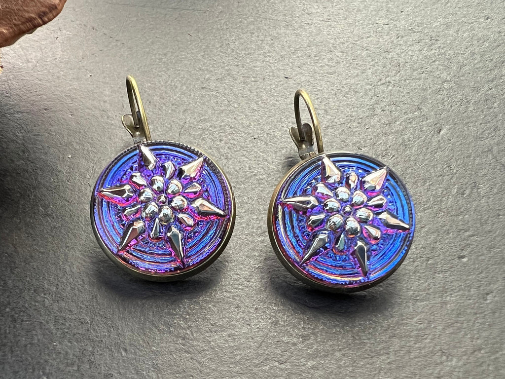 Starburst earrings, Czech Glass button Earrings, Boho Hippie dangle Earrings, unique gift for her