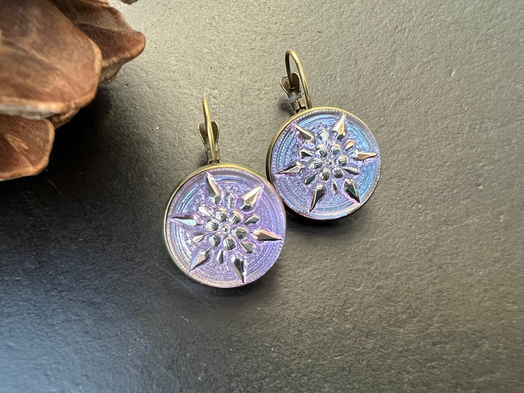 Starburst earrings, Czech Glass button Earrings, Boho Hippie dangle Earrings, unique gift for her