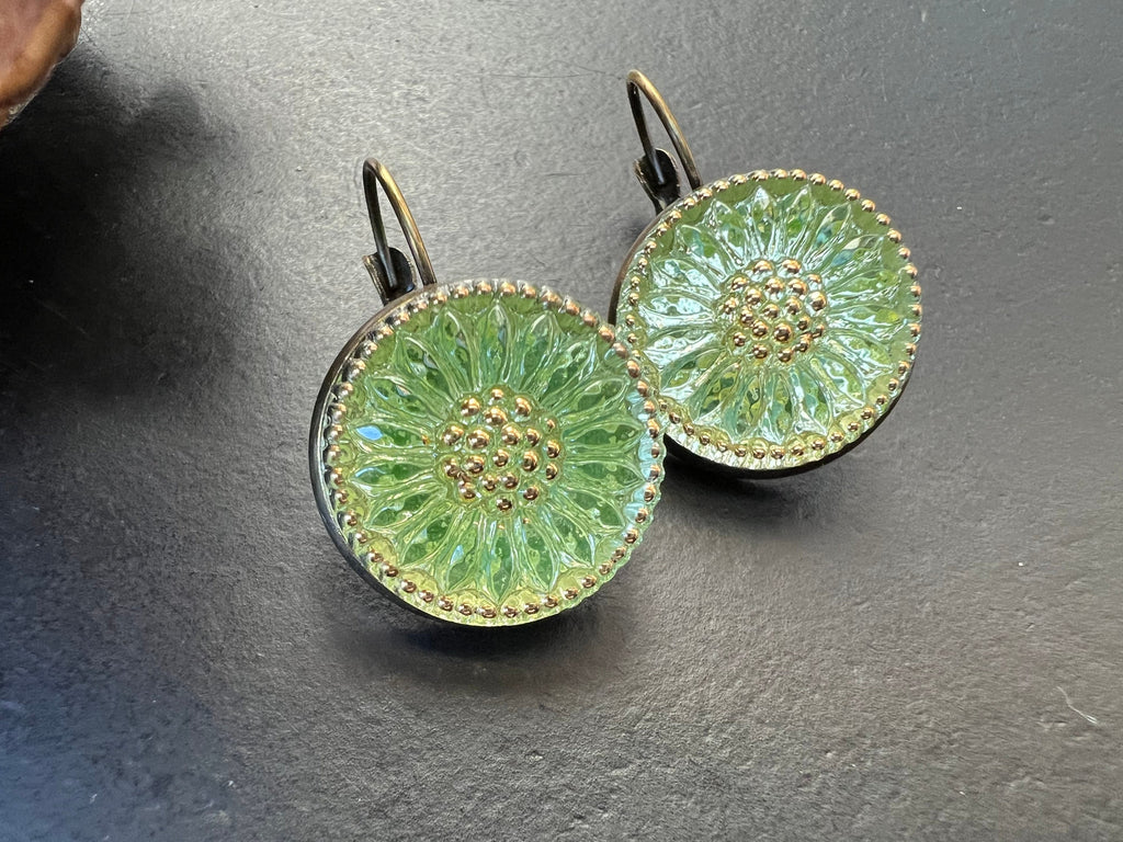 Boho Earrings, Vintage Jewelry, Czech Glass button Earrings, Bohemian Hippie dangle Earrings, unique gift for her