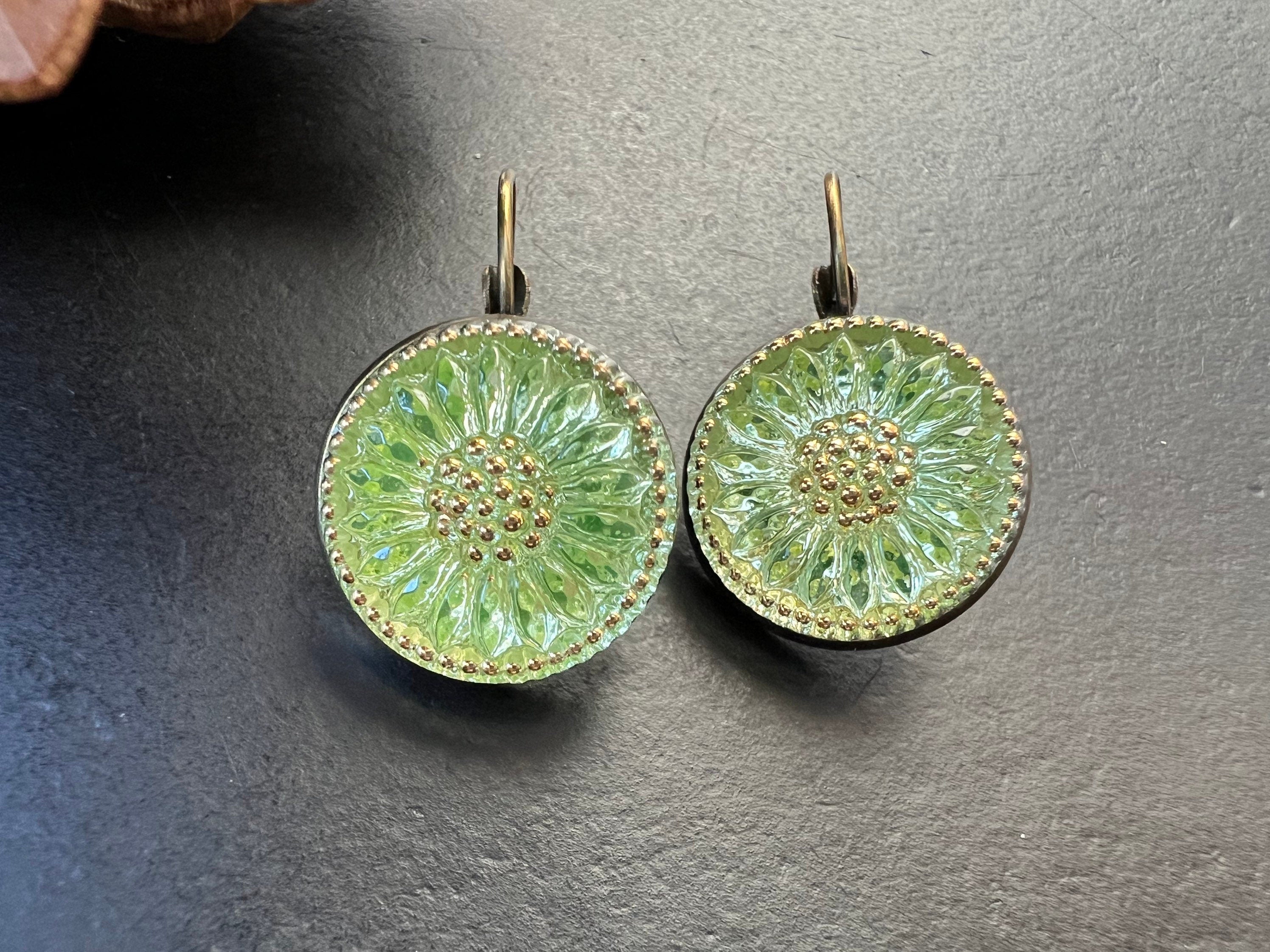 Boho Earrings, Vintage Jewelry, Czech Glass button Earrings, Bohemian Hippie dangle Earrings, unique gift for her
