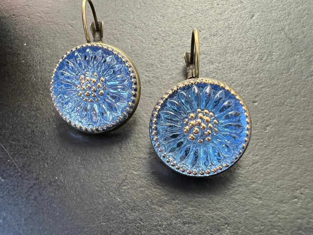 Boho Earrings, Vintage Jewelry, Czech Glass button Earrings, Bohemian Hippie dangle Earrings, unique gift for her