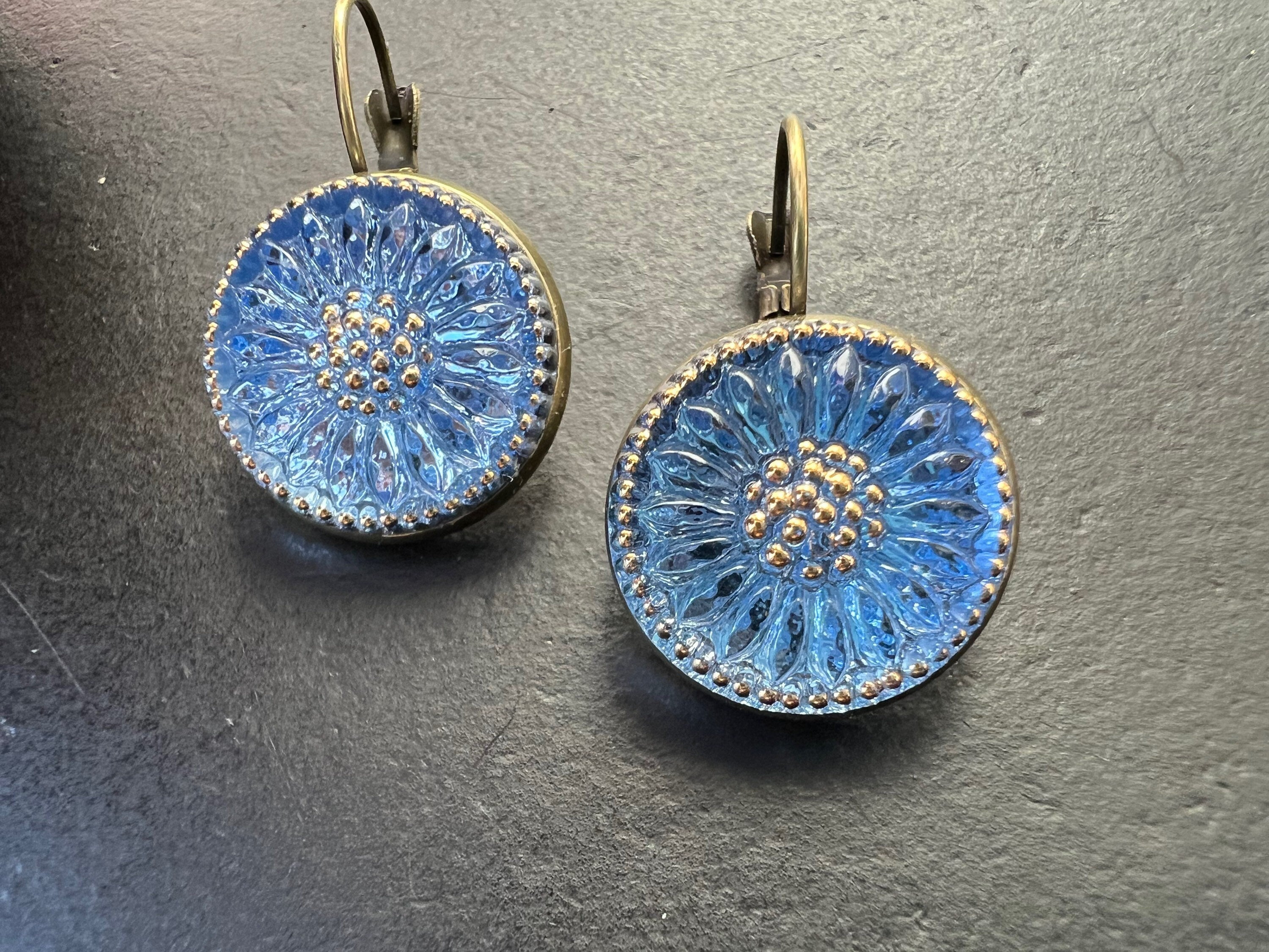 Boho Earrings, Vintage Jewelry, Czech Glass button Earrings, Bohemian Hippie dangle Earrings, unique gift for her