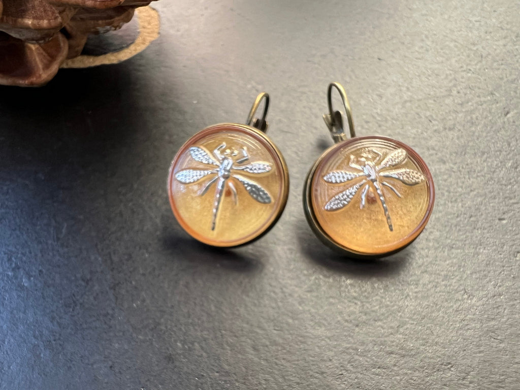 Unique earrings, antique Boho Earrings, Vintage Jewelry, Czech Glass button Earrings, Boho Hippie dangle Earrings, unique gift for her