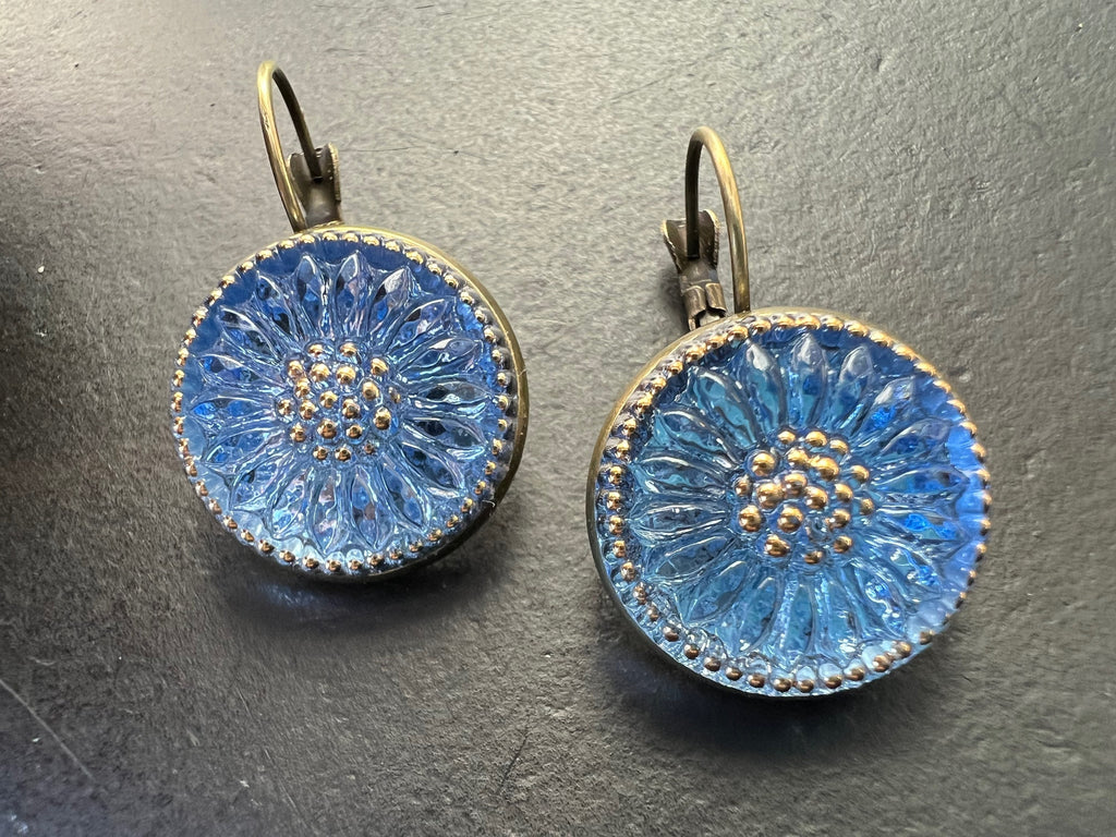 Boho Earrings, Vintage Jewelry, Czech Glass button Earrings, Bohemian Hippie dangle Earrings, unique gift for her
