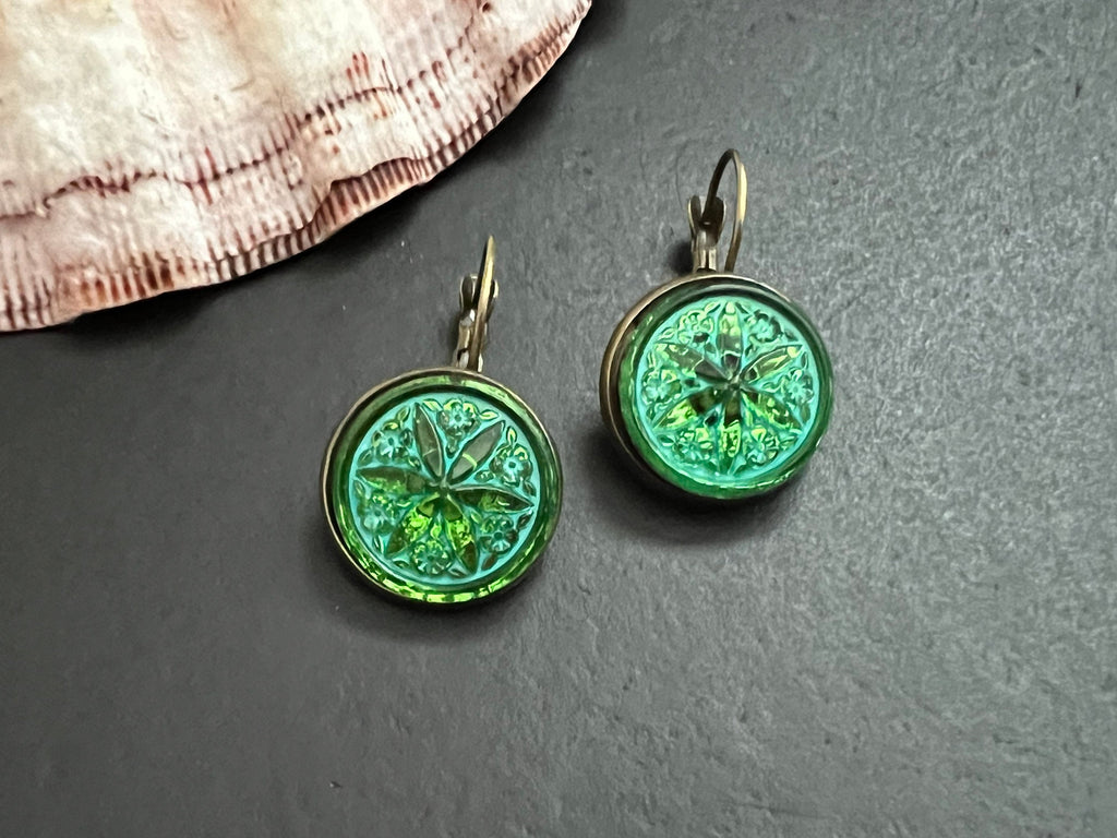 New Czech Glass Button Earrings, Boho Dangle Earrings, Vintage Jewelry, Czech Glass Earrings, Bohemian Hippie Earrings, unique gift for her