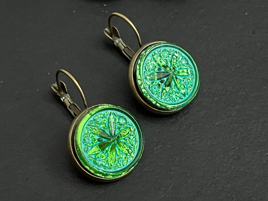 New Czech Glass Button Earrings, Boho Dangle Earrings, Vintage Jewelry, Czech Glass Earrings, Bohemian Hippie Earrings, unique gift for her