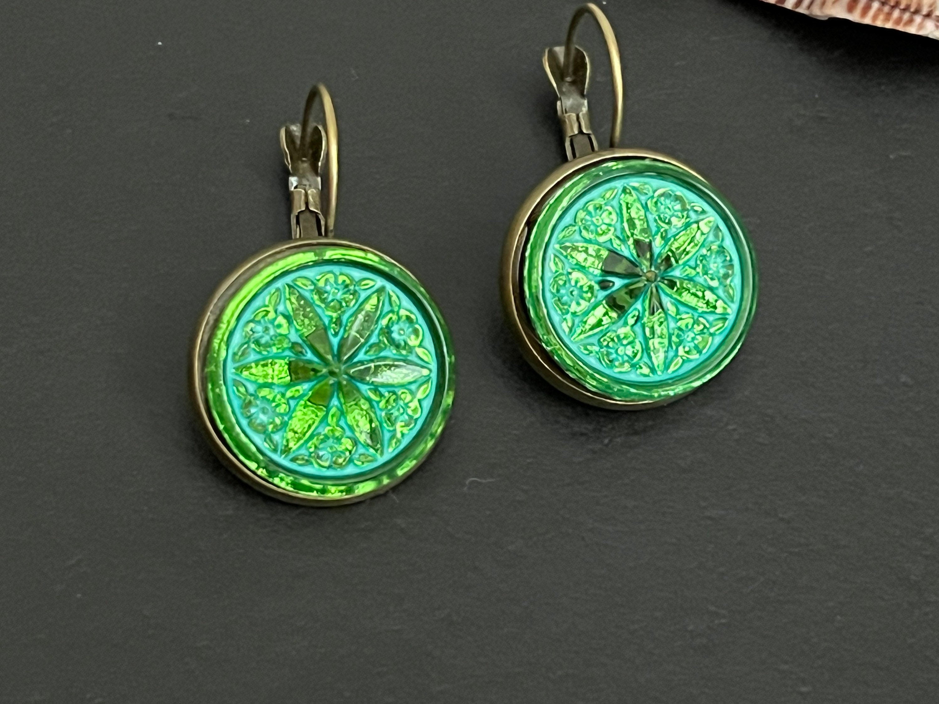 New Czech Glass Button Earrings, Boho Dangle Earrings, Vintage Jewelry, Czech Glass Earrings, Bohemian Hippie Earrings, unique gift for her