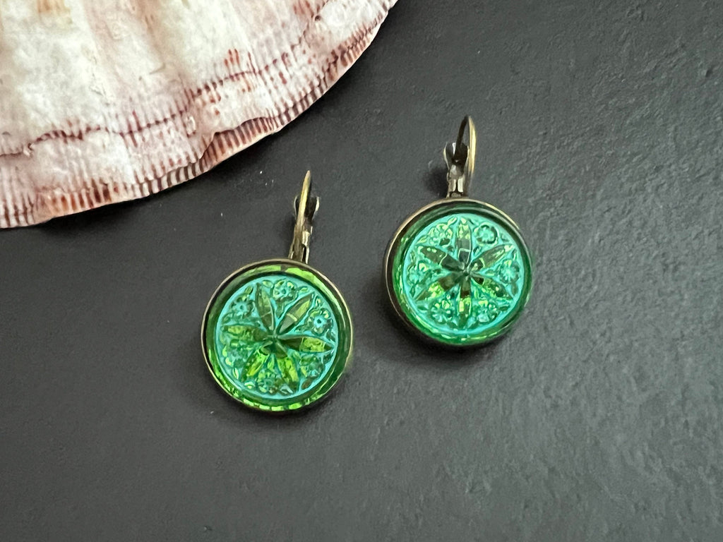 New Czech Glass Button Earrings, Boho Dangle Earrings, Vintage Jewelry, Czech Glass Earrings, Bohemian Hippie Earrings, unique gift for her