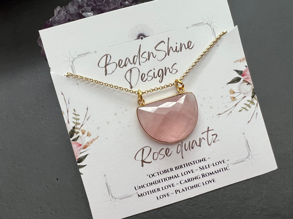 Healing crystal, crystal necklace, Rose quartz pendant, gold necklace, gifts for her