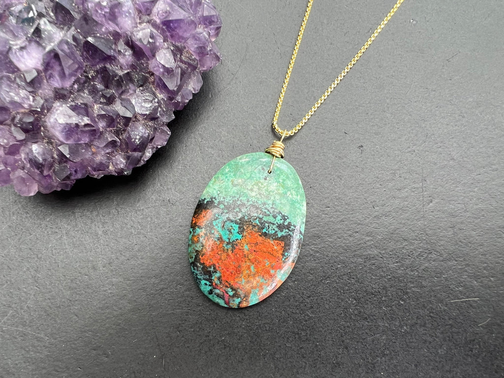 Sonora sunrise jasper pendant , gifts for her, layering necklace, 14k gold plated chain, natural stone pendant