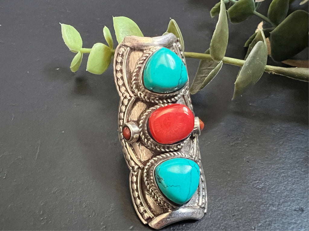 Coral and turquoise ring, large Cocktail ring, triple stone statement ring, 925 sterling silver, gemstone ring, stack ring, Bar ring, size 6