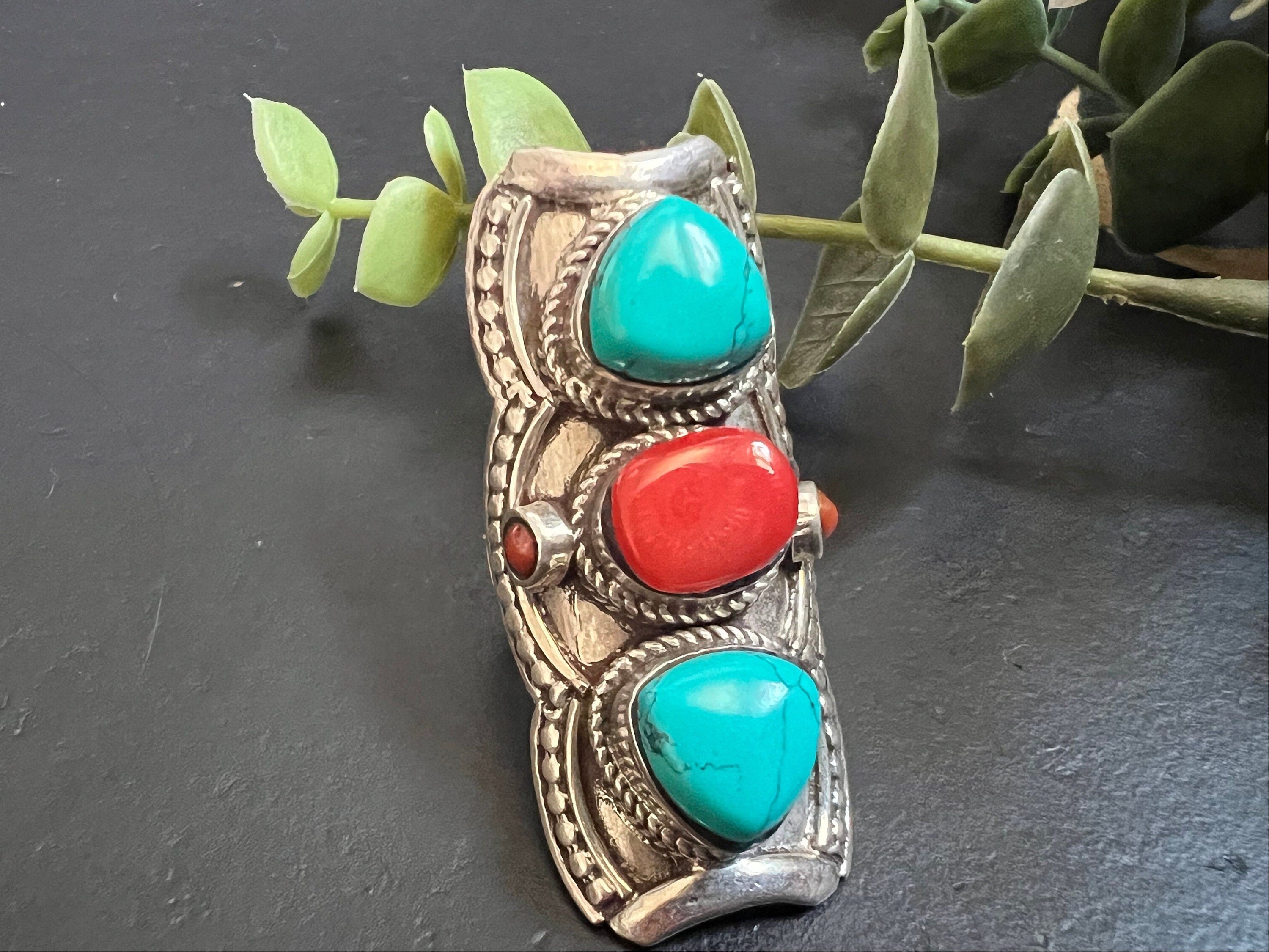 Coral and turquoise ring, large Cocktail ring, triple stone statement ring, 925 sterling silver, gemstone ring, stack ring, Bar ring, size 6