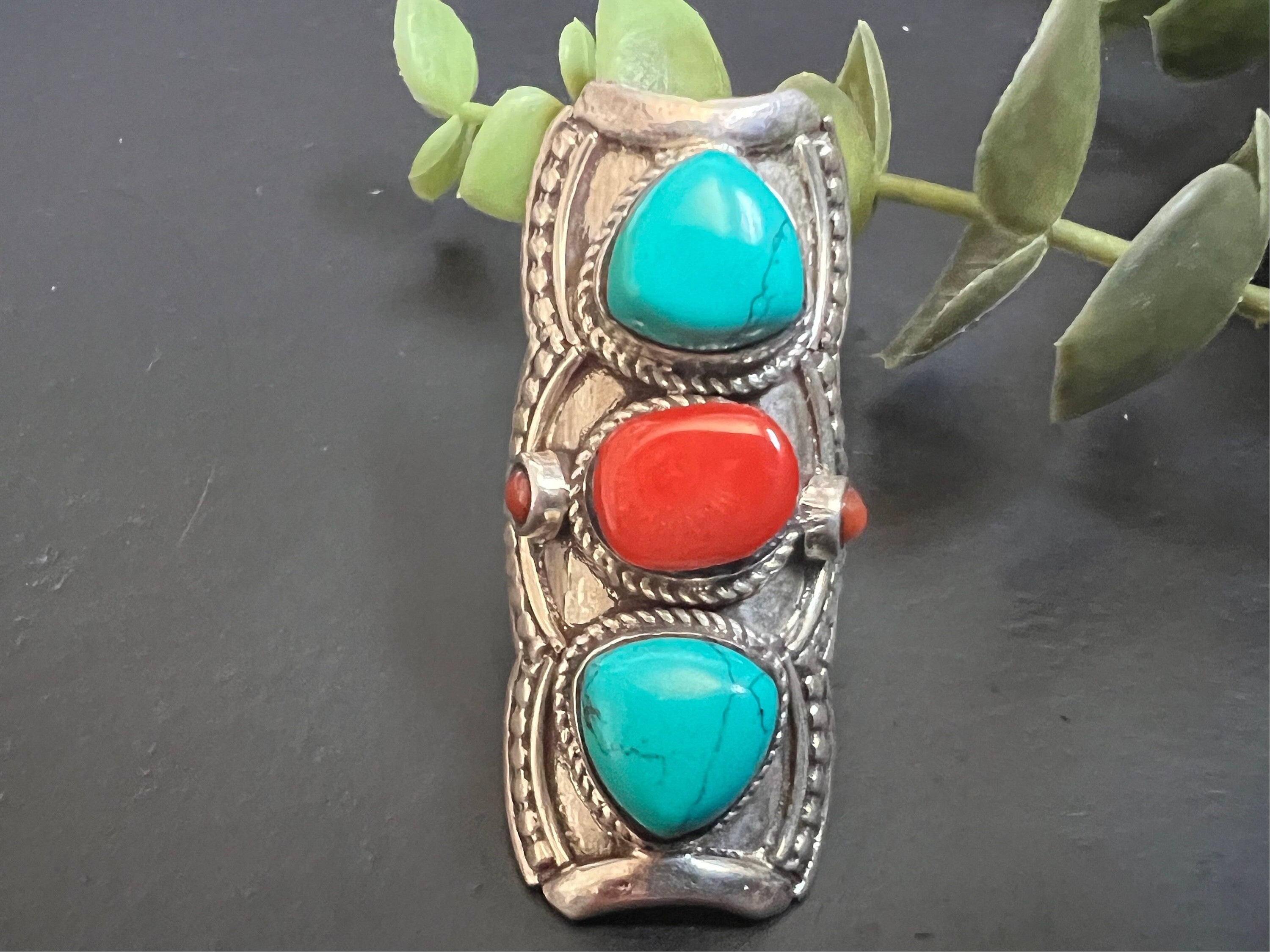 Coral and turquoise ring, large Cocktail ring, triple stone statement ring, 925 sterling silver, gemstone ring, stack ring, Bar ring, size 6