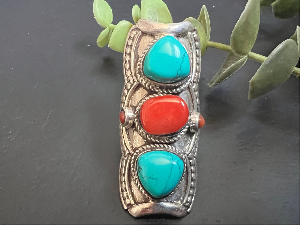 Turquoise ring , coral Ring, Cocktail Ring, Big Ring, Large Ring gemstone, Bold Ring, Art Ring, Estate Ring, Gift For Woman, size 6