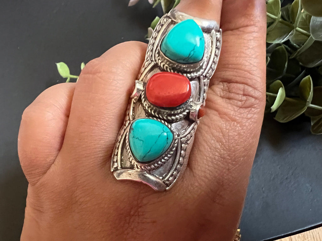 Coral and turquoise ring, large Cocktail ring, triple stone statement ring, 925 sterling silver, gemstone ring, stack ring, Bar ring, size 6
