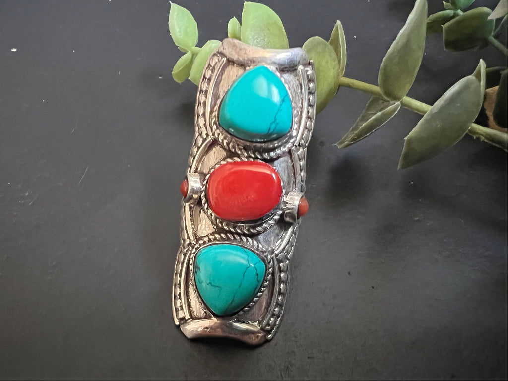 Coral and turquoise ring, large Cocktail ring, triple stone statement ring, 925 sterling silver, gemstone ring, stack ring, Bar ring, size 6