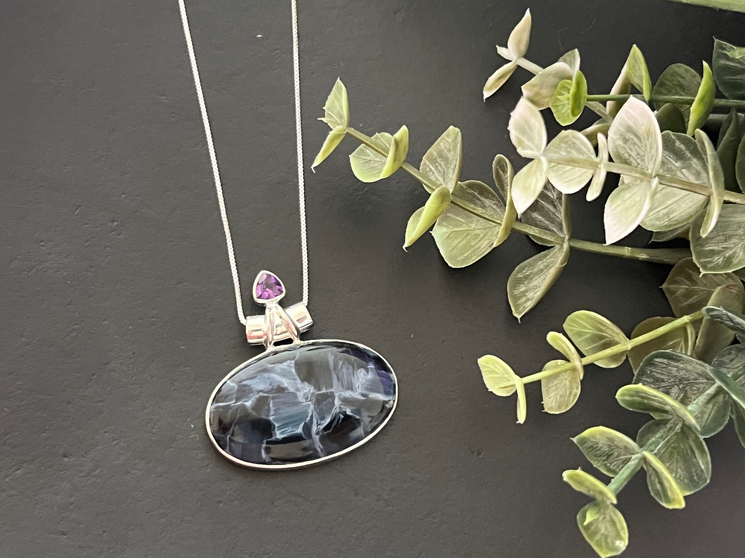 Blue Pietersite pendant , gifts for her, layering necklace, 925 sterling silver, natural stone pendant, pietersite with amethyst, oval shape