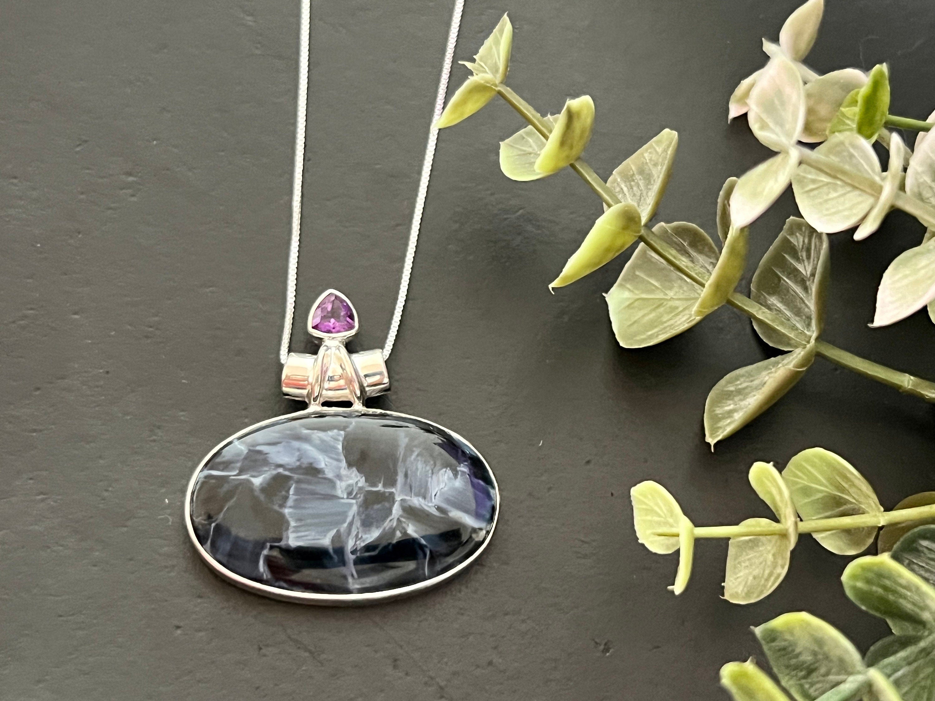 Blue Pietersite pendant , gifts for her, layering necklace, 925 sterling silver, natural stone pendant, pietersite with amethyst, oval shape