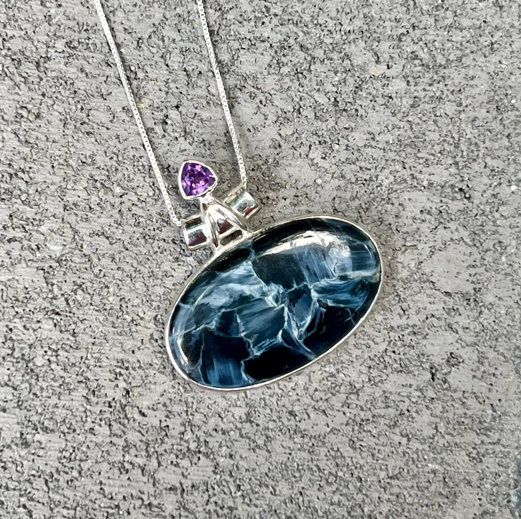 Blue Pietersite pendant , gifts for her, layering necklace, 925 sterling silver, natural stone pendant, pietersite with amethyst, oval shape