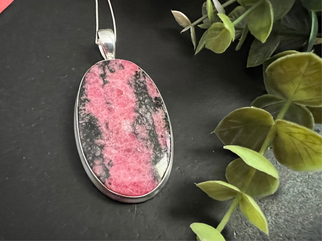 Rhodonite crystal necklace, large one of a kind pendant, 925 sterling silver, unique natural stone, gifts for her