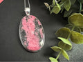 Rhodonite crystal necklace, large one of a kind pendant, 925 sterling silver, unique natural stone, gifts for her, large oval pendant