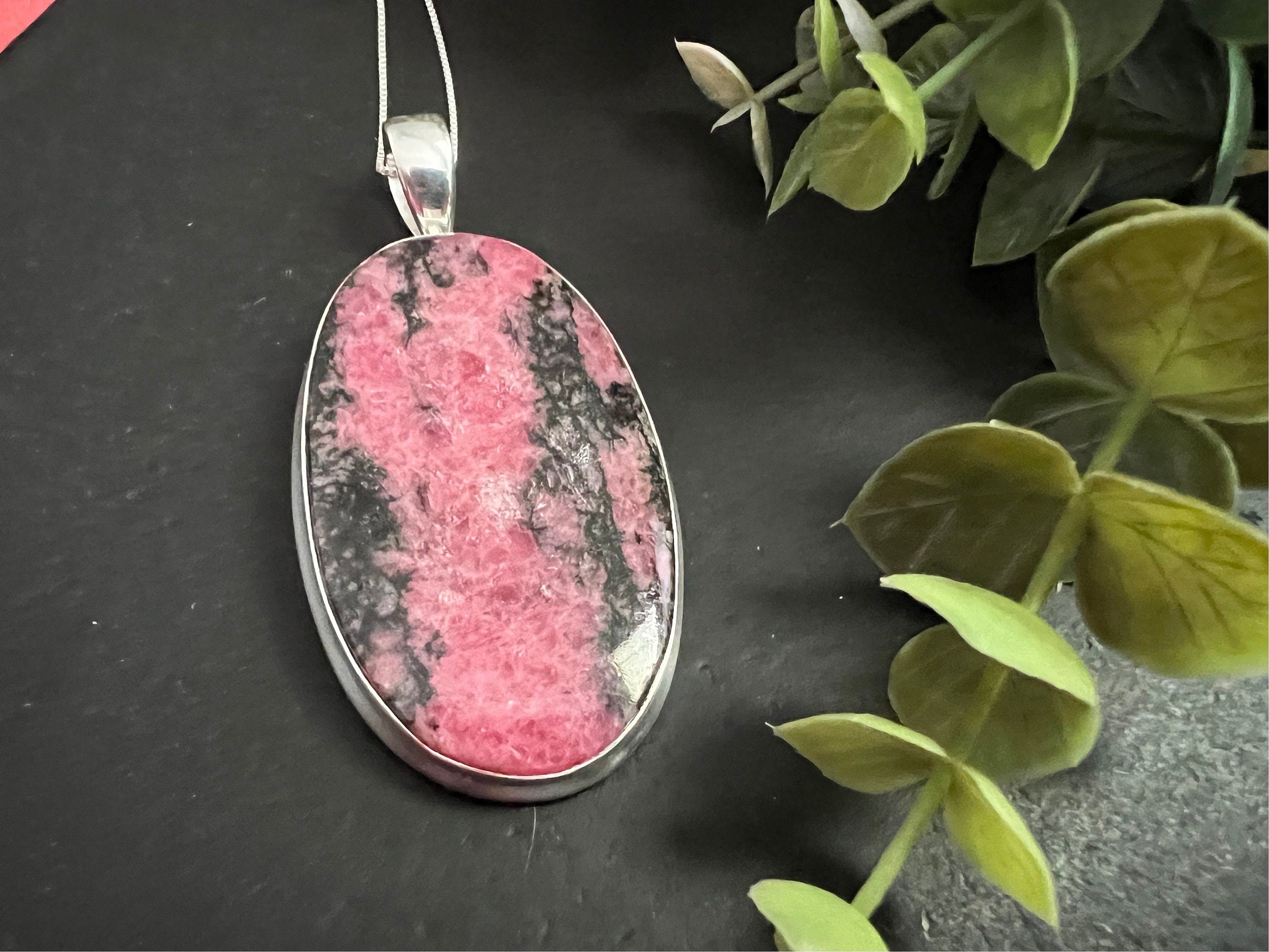 Rhodonite crystal necklace, large one of a kind pendant, 925 sterling silver, unique natural stone, gifts for her, large oval pendant