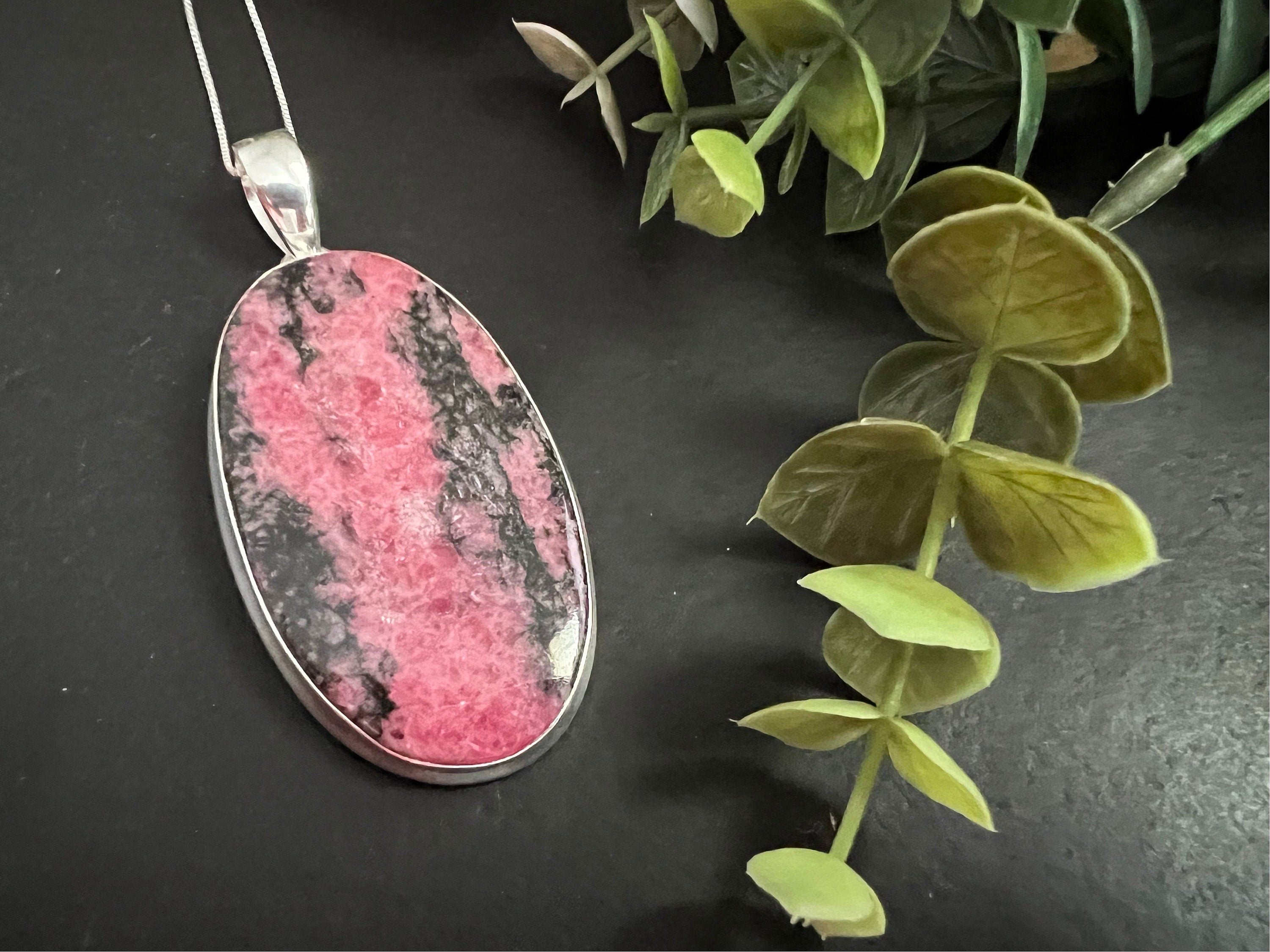 Rhodonite crystal necklace, large one of a kind pendant, 925 sterling silver, unique natural stone, gifts for her