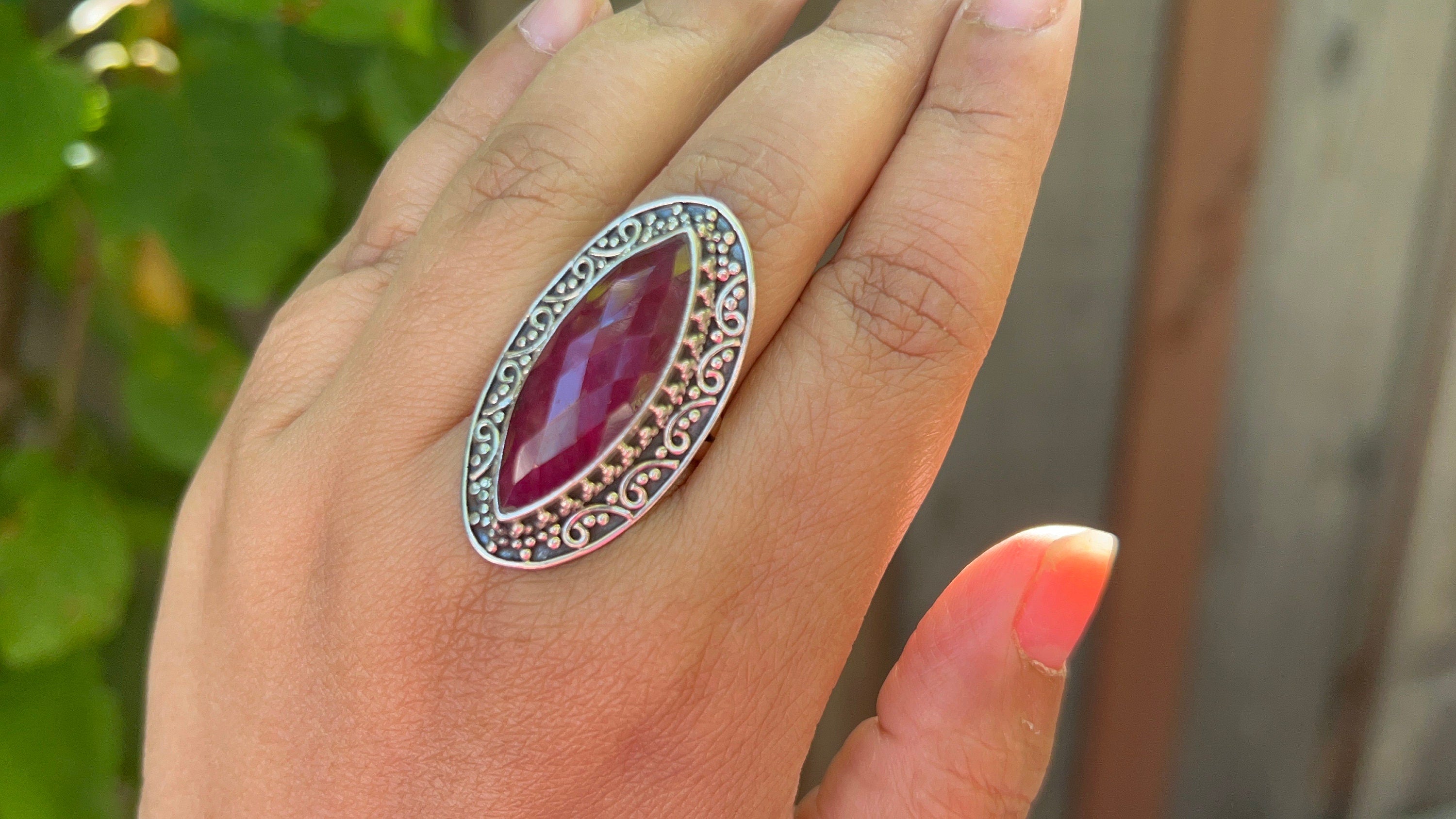 Ruby Ring, Sterling silver ring for women, boho ring with big stone, july birthstone gemstone ring jewelry, artisan made, size 8.5