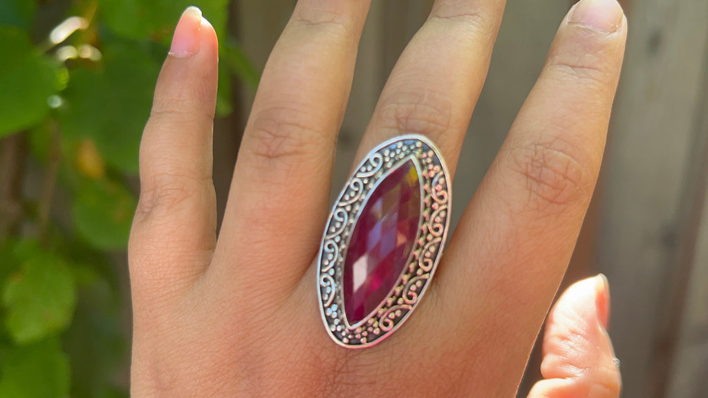 Ruby Ring, Sterling silver ring for women, boho ring with big stone, july birthstone gemstone ring jewelry, artisan made, size 8.5