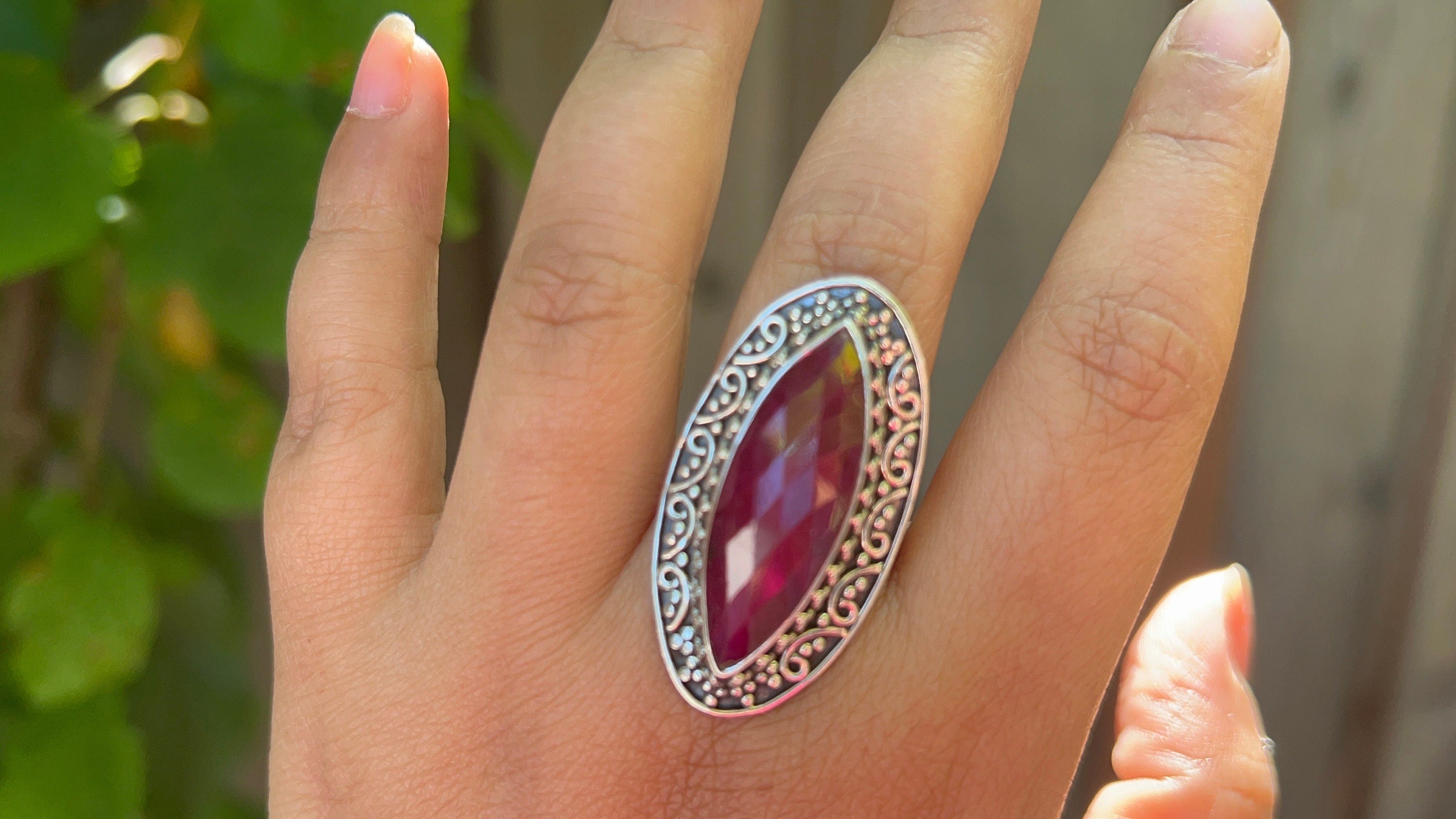 Ruby Ring, Sterling silver ring for women, boho ring with big stone, july birthstone gemstone ring jewelry, artisan made, size 8.5